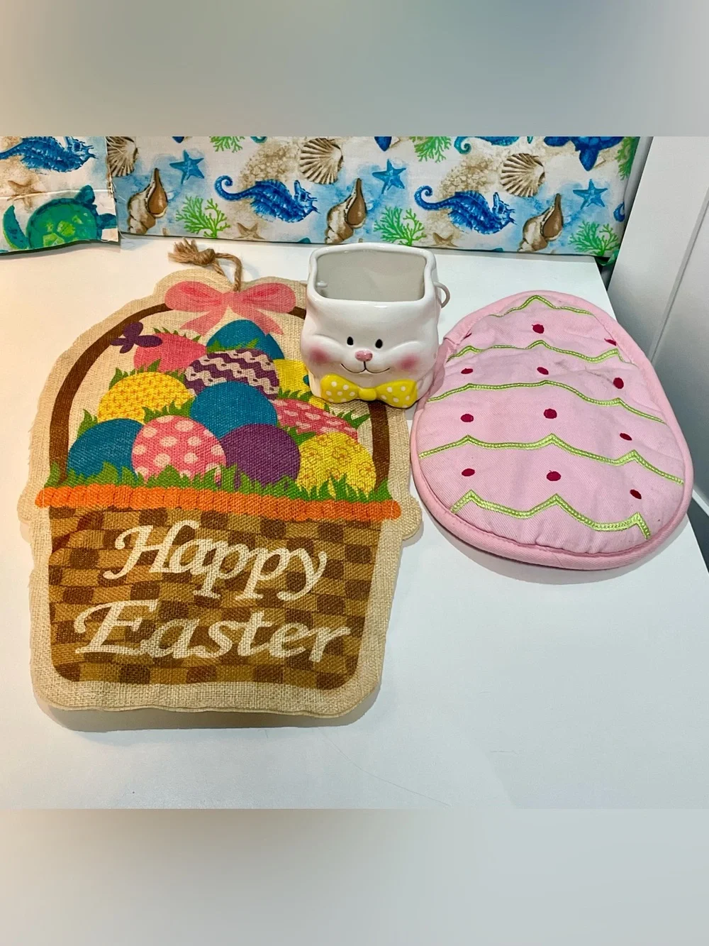 Easter Décor Bundle – Ceramic Basket, Williams Sonoma Pot Holder & Wall Hanging